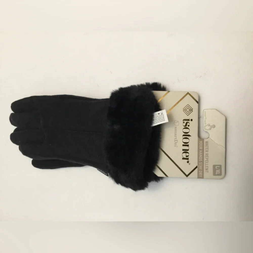 Isotoner Women's Luxurious Black Fur-Trimmed Gloves - Picture 2 of 7